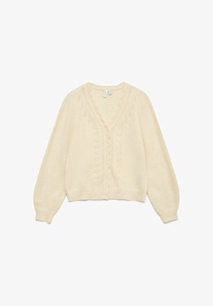Cream-colored cardigan with a V-neck, intricate knitted detailing, and six buttons down the front. Soft texture and long sleeves.