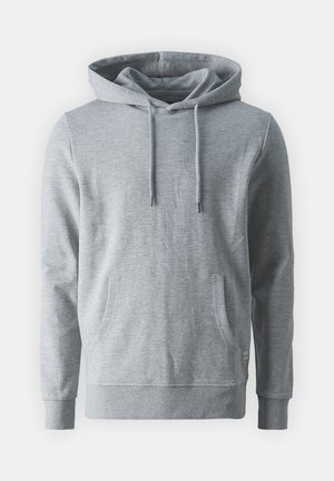 Grå fleece-hoodie med en frontficka för händerna, justerbar dragsko i huvan, ribbade ärmslut och nederkant. Slät textur, avslappnad design.
