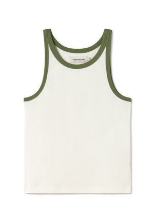 White ribbed tank top with green trim around the neckline and armholes. Label visible inside. Simple, slim design, suitable for layering.