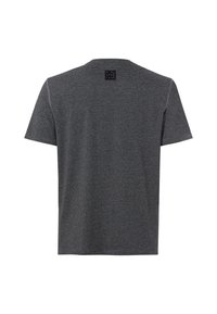T-shirt gris en coton recyclé avec des manches courtes et un col rond. Présente une petite étiquette carrée au dos avec le texte "RECYCLÉ".