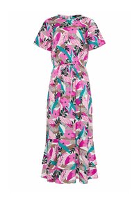 Maxikleid mit floralen Motiven, kurzen Ärmeln, tailliertem Design und bunten Mustern in Rosa, Türkis und grünen Blättern auf einem beigen Hintergrund.