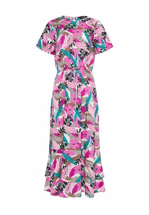 Floral maxi-jurk met korte mouwen, een taille die is cinched, en kleurrijke bloemen- en blaadjespatronen in roze, turquoise en groen op een beige achtergrond.