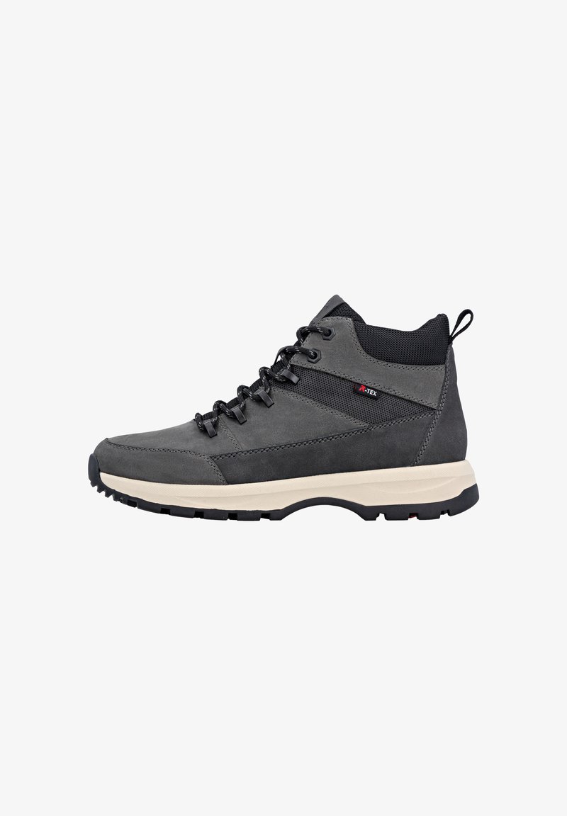 Mid-top hiking shoes in dark gray suede with black mesh accents, featuring a cream rubber sole, black laces, and a rear pull tab.