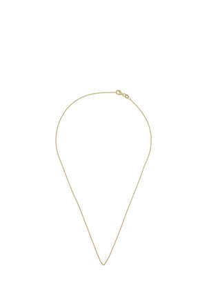 Feine dünne Goldkette mit kleinem Karabinerverschluss auf weißem Hintergrund.
