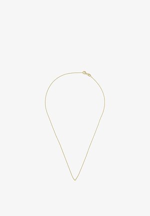 Feine dünne Goldkette mit kleinem Karabinerverschluss auf weißem Hintergrund.