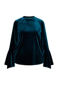 Top in velluto verde acqua con maniche a campana lunghe, colletto rotondo e superficie liscia. Nessun motivo o decorazione visibile.