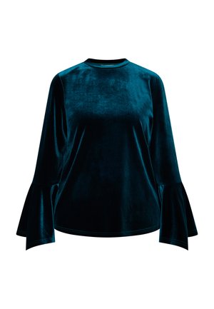 Top de terciopelo verde azulado con mangas largas de campana, cuello redondo y textura suave. Sin patrones ni adornos visibles.