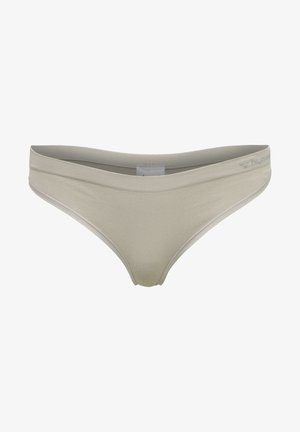 Beige ribbet bikini brief med lav talje, glat elastisk livvidde og ingen synlige mønstre eller hardware detaljer. Blød tekstur.