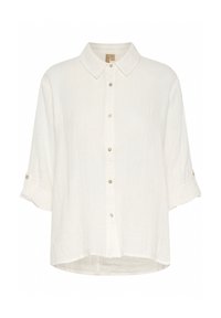 White linen shirt with a collared neck, short sleeves, and small button details down the front, featuring a relaxed fit and rounded hem.