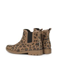 Bruna leopardmönstrade Chelsea-stövlar med en glänsande yta, med svarta elastiska sidopaneler och dragflikar. Hållbar gummisula med texturerat mönster.