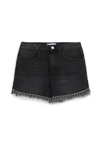 Pantaloni corti in denim nero con vita alta, tasche frontali e orlo sfilacciato decorato con perline. Presentano una chiusura con bottone e passanti per cintura.