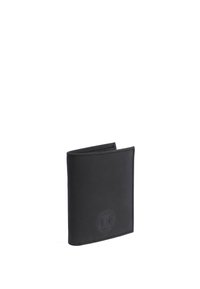 Cartera de piel negra con un diseño minimalista, que presenta una superficie texturizada y un logo circular en relieve en un lado.