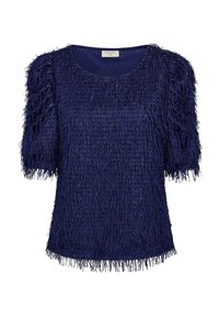 Marinblå kortärmad topp i texturerat fransmaterial med rund halsringning och samlade ärmar för extra volym.