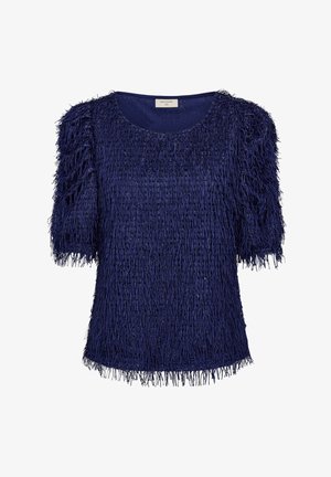 Marinblå kortärmad topp i texturerat fransmaterial med rund halsringning och samlade ärmar för extra volym.