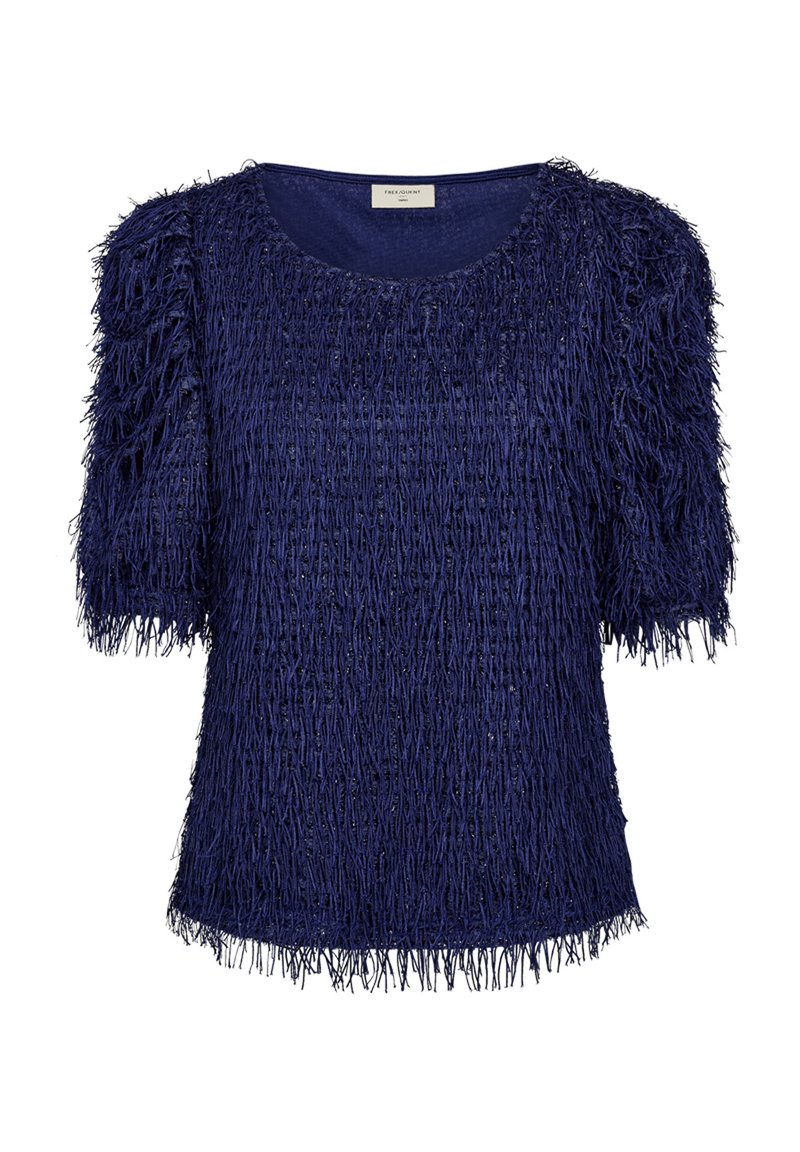 Marinblå kortärmad topp i texturerat fransmaterial med rund halsringning och samlade ärmar för extra volym.