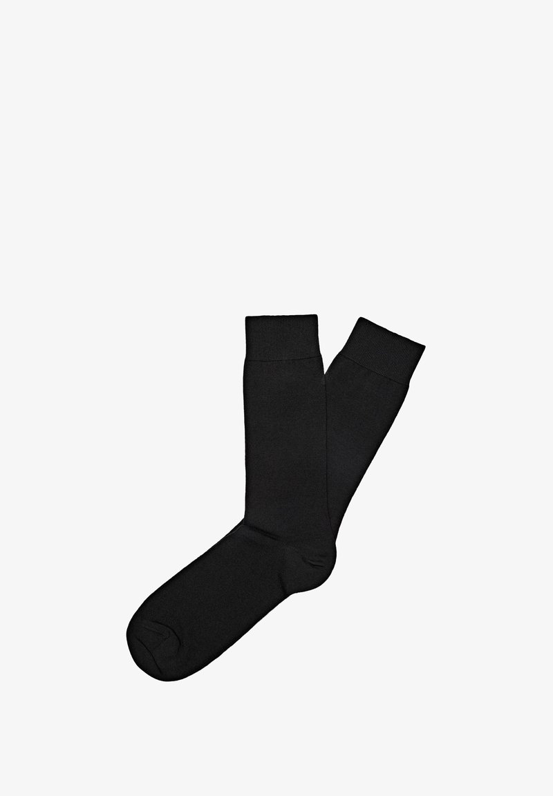 Black cotton socks with a smooth texture, mid-calf length, and ribbed cuffs, featuring no patterns or visible branding.