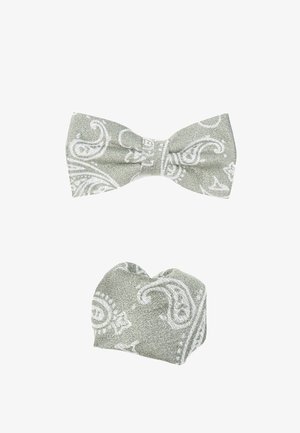 Grüne Paisley-Fliege aus strukturiertem Stoff, mit weißen Mustern; enthält auch ein passendes Einstecktuch mit ähnlichem Design und Textur.