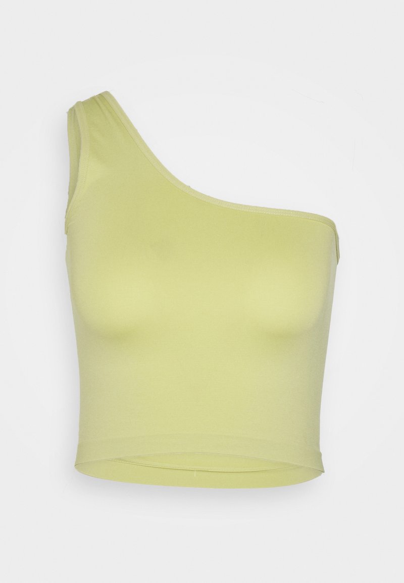 Top curto de um ombro em tecido verde claro; textura suave com um design ajustado e bainha limpa. Sem padrões ou detalhes adicionais.