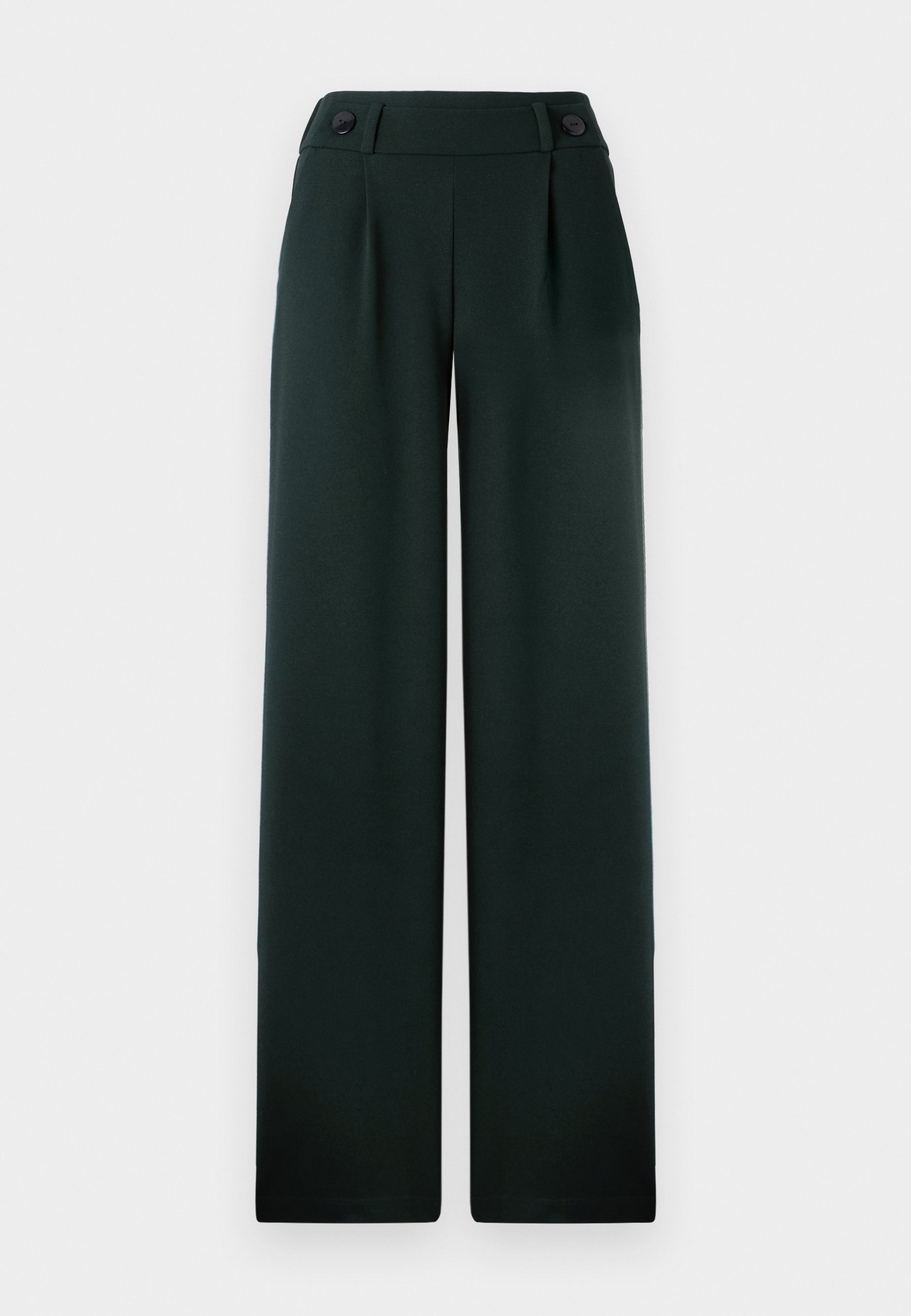 Un pantalon large vert foncé en tissu lisse, doté d'une taille haute, de plis, et de deux boutons noirs bien visibles à l'avant.