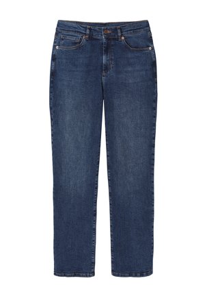 Jeans in denim blu scuro a gamba dritta, dotati di cinque tasche, cuciture a contrasto e chiusura con bottone classico. Finitura pulita senza rotture.