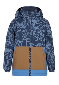 Blaue und braune Kapuzenjacke mit einem grafischen Muster. Hergestellt aus wasserabweisendem Material mit elastischen Manschetten und einem Reißverschluss vorne.
