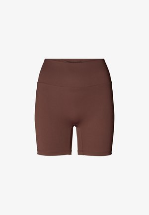 Pantaloncini da ciclismo marroni a vita alta, realizzati in tessuto elasticizzato, con una texture liscia e un design aderente, adatti per abbigliamento sportivo.