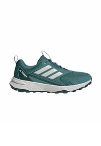 Teal atletiske sko med mesh-overdel, hvid stribe design, polstret sål og gummisål til greb. Har en pull-tab på hælen.
