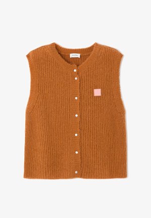 Slepenš orandžs kardigāns ar teksturētu adījumu, ar baltām pogām un mazu rozā etiķeti kreisajā pusē.