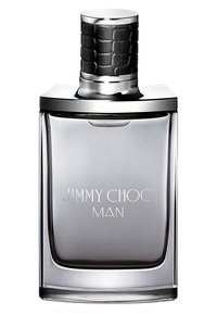 Bottiglia di vetro rettangolare trasparente con un tappo argentato che presenta una fascia nera testurizzata. Inciso "JIMMY CHOO MAN" sul davanti.