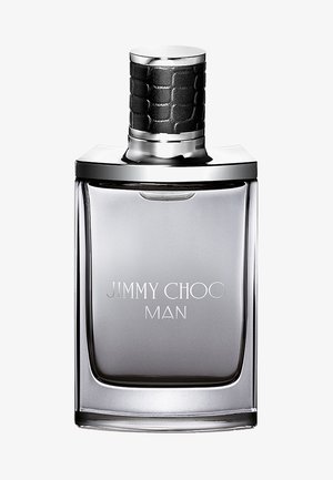 Klar rektangulær glassflaske med en sølvhette som har et teksturert svart bånd. Gravet "JIMMY CHOO MAN" på fronten.