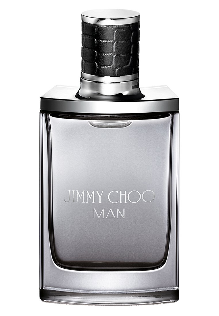 Bottiglia di vetro rettangolare trasparente con un tappo argentato che presenta una fascia nera testurizzata. Inciso "JIMMY CHOO MAN" sul davanti.