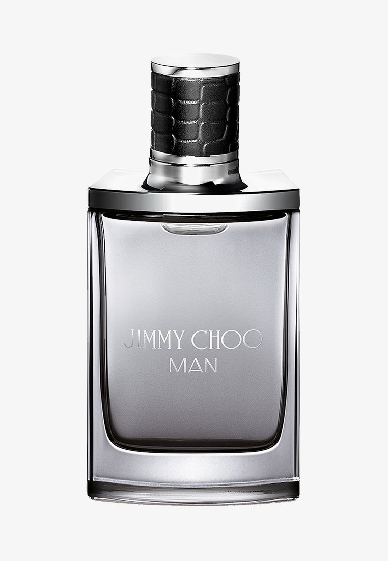 Heldere rechthoekige glazen fles met een zilveren dop, voorzien van een gestructureerde zwarte band. Gegraveerd "JIMMY CHOO MAN" aan de voorkant.
