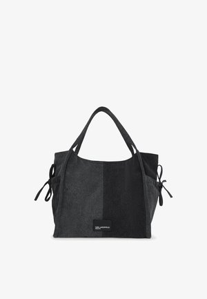 Čierna a tmavosivá dvojfarebná látková taška s bočnými viazaniami a krátkymi rúčkami, so malou prednou nášivkou loga.