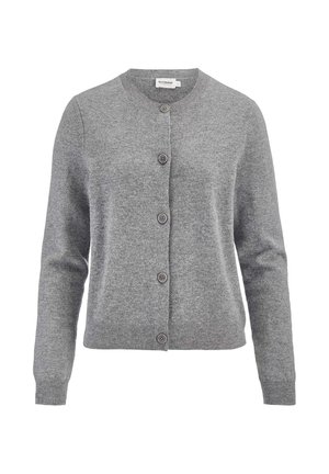 Grau gestrickte Strickjacke mit rundem Halsausschnitt, langen Ärmeln und sechs Knopfverschluss. Verfügt über gerippte Bündchen und einen gerippten Saum für zusätzliche Textur.