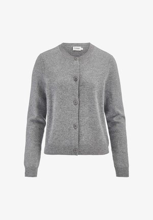 Grau gestrickte Strickjacke mit rundem Halsausschnitt, langen Ärmeln und sechs Knopfverschluss. Verfügt über gerippte Bündchen und einen gerippten Saum für zusätzliche Textur.