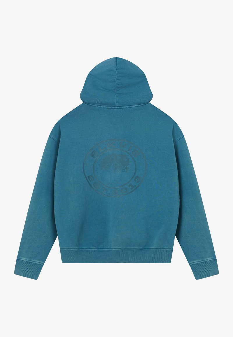 Bluzy w kolorze niebiesko-zielonym z kapturem, długimi rękawami, ściągaczami na mankietach oraz wyblakłym okrągłym logo przedstawiającym drzewo i tekst na plecach.