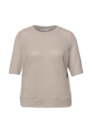 Pull en maille beige à manches courtes avec col rond et ourlet côtelé, fabriqué en tissu texturé.