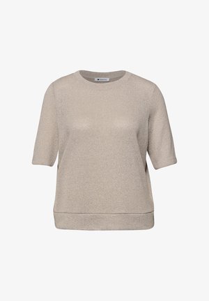 Suéter beige de manga corta de punto con cuello redondo y dobladillo acanalado, hecho de tela texturizada.