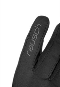 Schwarze Stoffhandschuhe mit einem eleganten Design und strukturiertem Finish. Der Markenname "reusch" ist in grauer Schrift auf der Rückseite aufgedruckt.