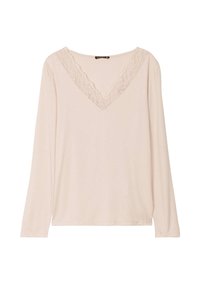 Langärmliges, hellrosa Oberteil mit V-Ausschnitt und Spitzendetails. Weicher Stoff mit einem lockeren Schnitt, ohne sichtbare Muster oder Hardware.