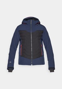 Herrenwinterjacke mit einer äußeren Schicht in Marineblau, schwarzem gepolstertem Vorderteil, roten Reißverschlüssen und Kapuze. Inklusive elastischer Bündchen und schlankem Design.