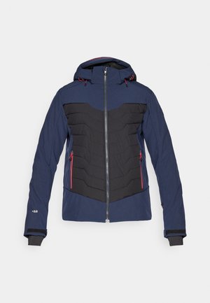 Herremantel til vinteren med et marineblåt ydre, sort polstret frontpanel, røde lynlåse og hætte. Inkluderer elastiske manchetter og et slankt design.