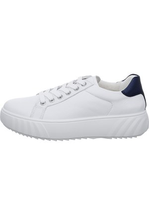 White leather sneaker with a textured design, gray rubber sole, gray laces, and a navy blue accent on the heel. Features minimal stitching.