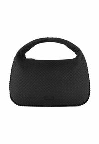 Borsa a mano nera intrecciata con forma arrotondata, materiale texture e manico spesso. Presenta una toppa con logo sulla parte anteriore. Chiusura con zip visibile.