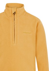 Pullover giallo in pile con colletto a mezzo zip. Presenta un tessuto testurizzato e un dettaglio con logo sul petto. Design morbido, caldo e leggero.