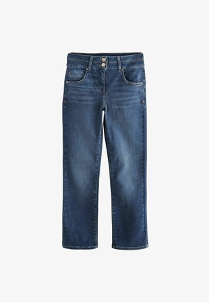 Jeans in denim blu scuro con gamba dritta, caratterizzati da una chiusura a due bottoni, cinque tasche e un effetto di lavaggio leggermente sbiadito sul davanti.