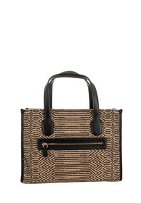 Borsa in tessuto intrecciato con dettagli in pelle nera, caratterizzata da un motivo geometrico in beige e marrone scuro. Include una tasca con zip frontale e manici corti.