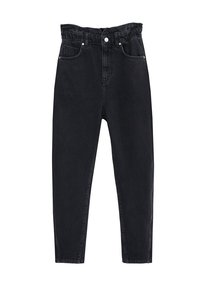Jeans noirs taille haute avec une ceinture élastique froncée, cinq poches et une coupe ajustée. Fabriqués en denim avec une texture lisse.