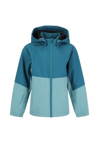 Teal og lyseblå vandtæt jakke med hætte. Har en frontlynlås og elastiske manchetter. Glat tekstur med farveblokdesign.