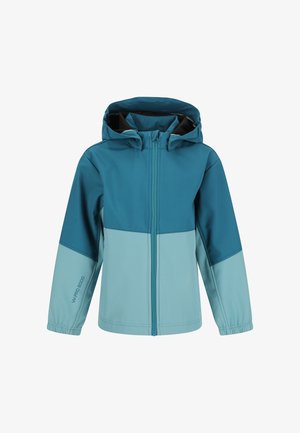 Teal and light blue waterproof jacket with a hood. Features a front zipper and elastic cuffs. Smooth texture with color-block design.